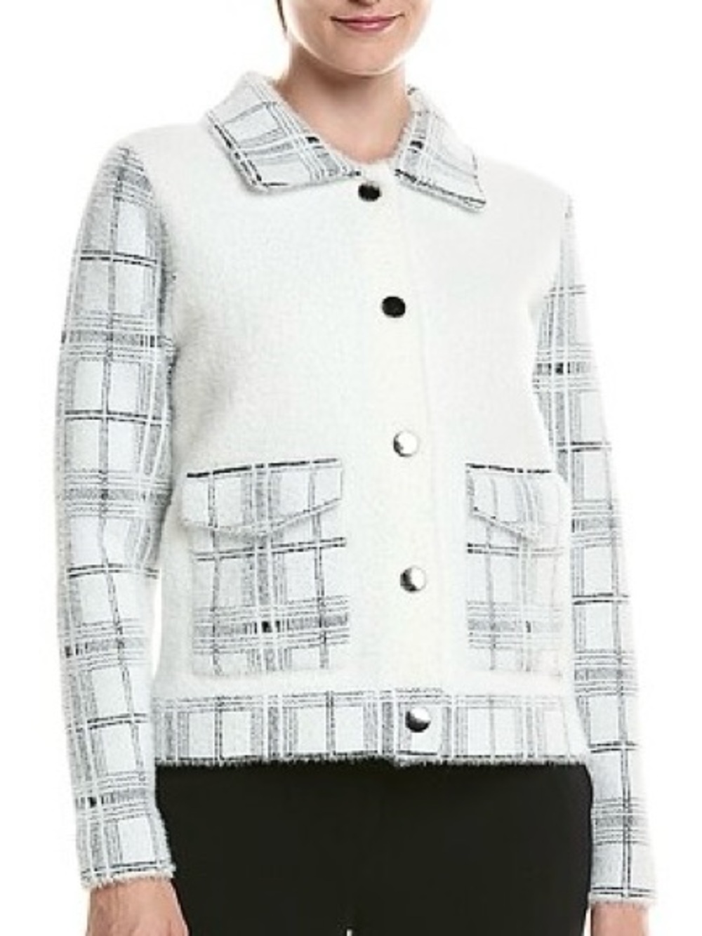 White Plaid-Trim Button-Front Women's Jacket